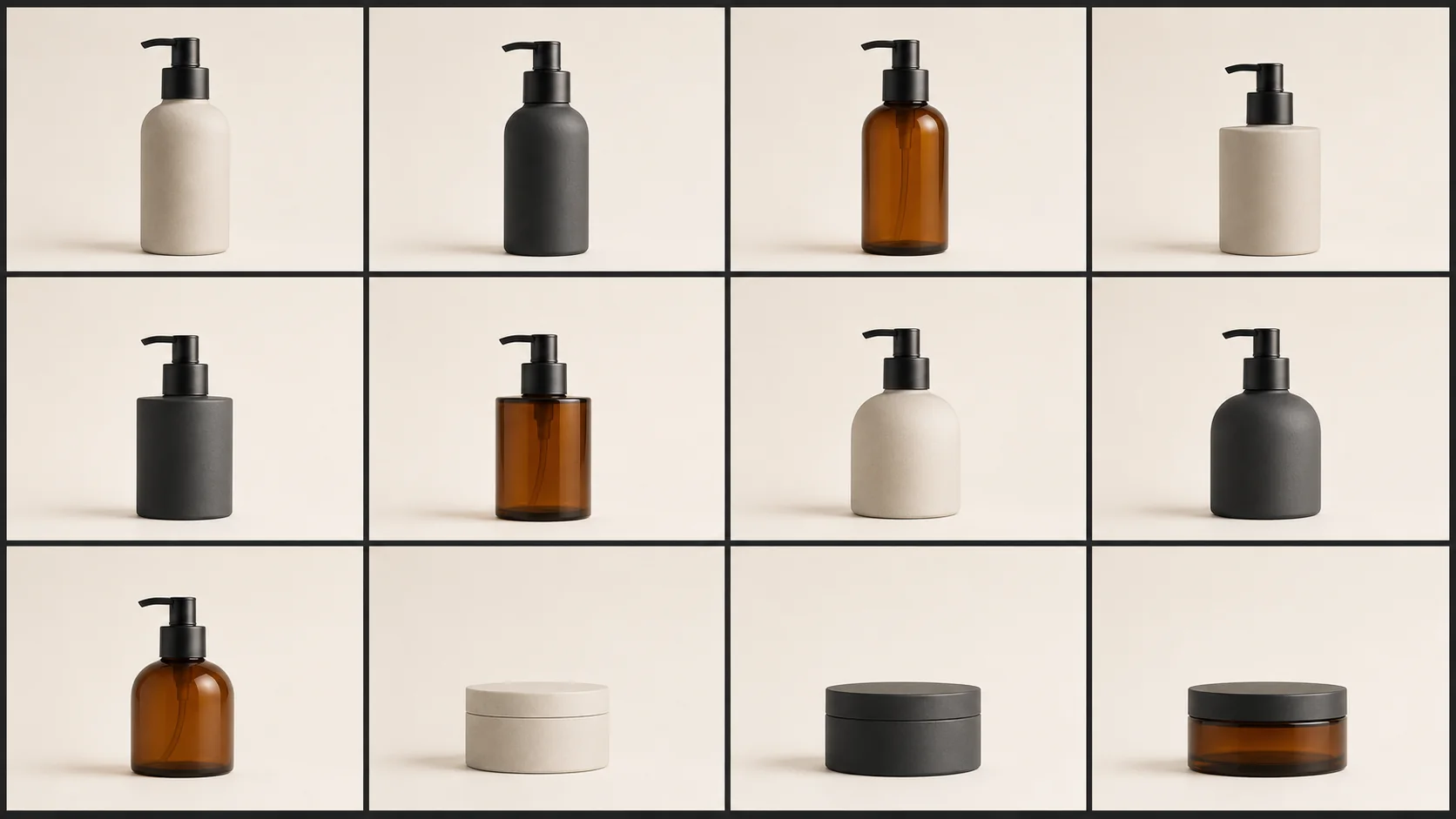 Twelve coordinated skincare products photographed with identical scale, margins, and lighting